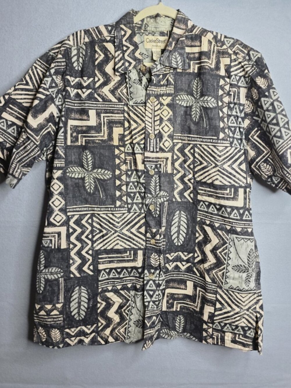 Cooke St Hawaiian Shirt Black Gray Tan Blue USA 100% Cotton Men’s Size L